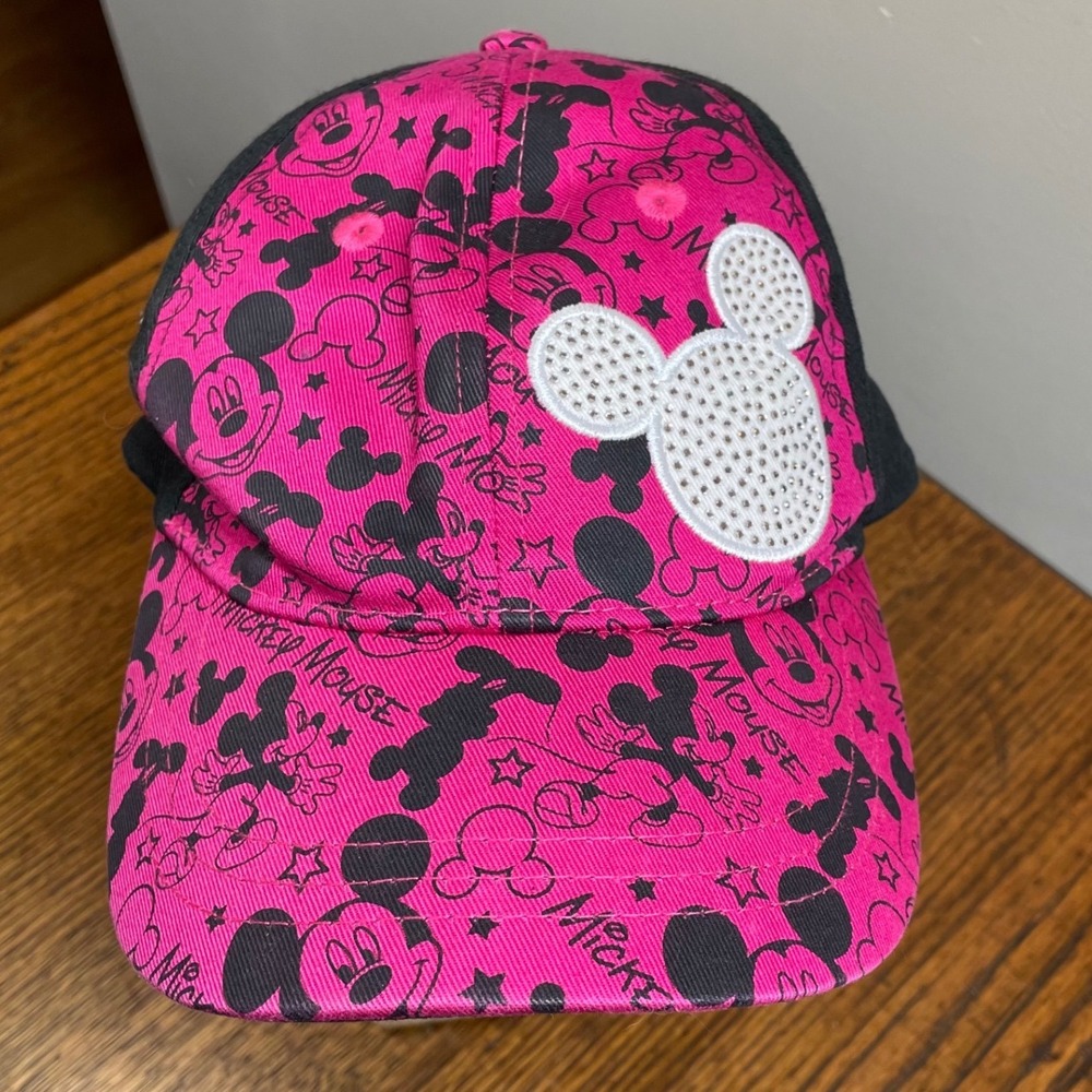Disney Parks Mickey Mouse Pink Black‎ Rhinestone All Over Print Baseball Cap Hat